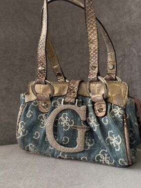 Vintage Rare Guess Denim Mini Shoulder Bag in Blue and Brown with Signature G